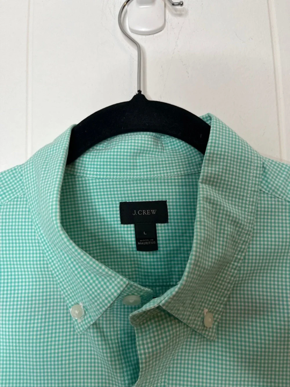 J. Crew Men's Mint Green and White Gingham Checked Button-Down Shirt L